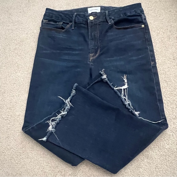 FRAME Denim Le Crop Mini Boot High Waist Raw Hem Jeans Saltair Wash (Dark Blue) - Picture 4 of 10